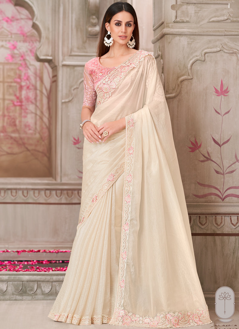 Vegaa Fashion Ivory Pink Embroidered Traditional Wedding Saree