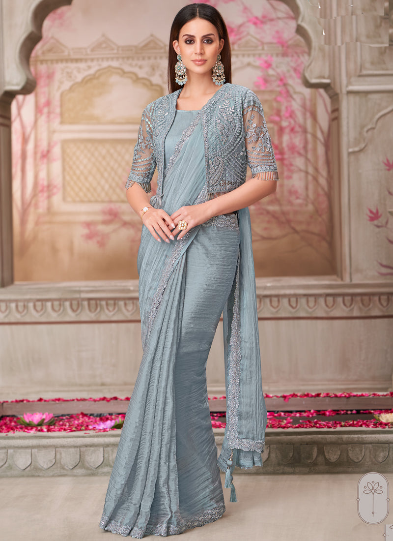 Vegaa Fashion Silver Grey Embroidered Traditional Wedding Saree