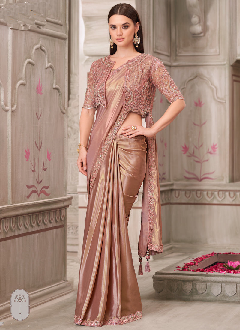 Vegaa Fashion Rose Gold Embroidered Traditional Wedding Saree