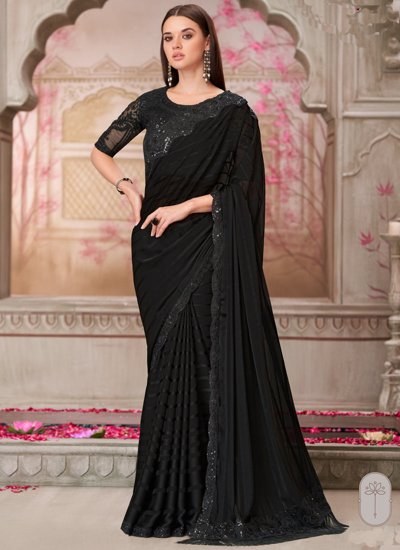 Vegaa Fashion Black Sequence Embroidered Traditional Wedding Saree