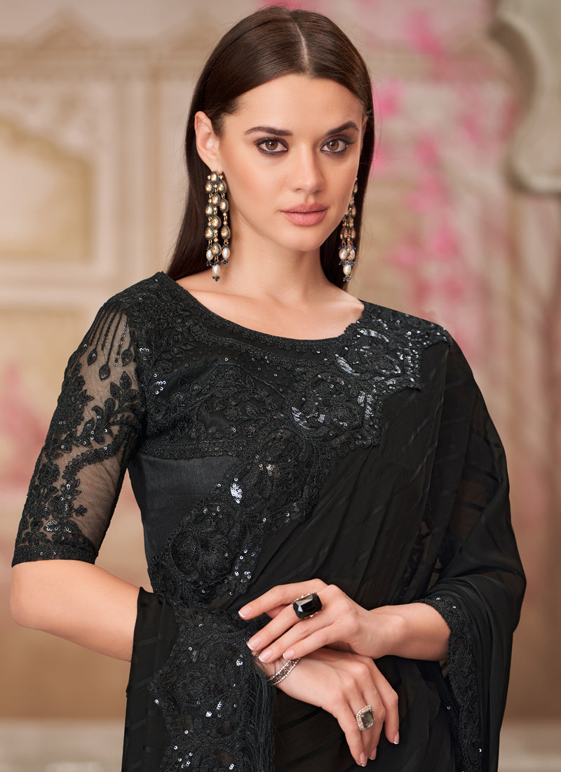 Vegaa Fashion Black Sequence Embroidered Traditional Wedding Saree