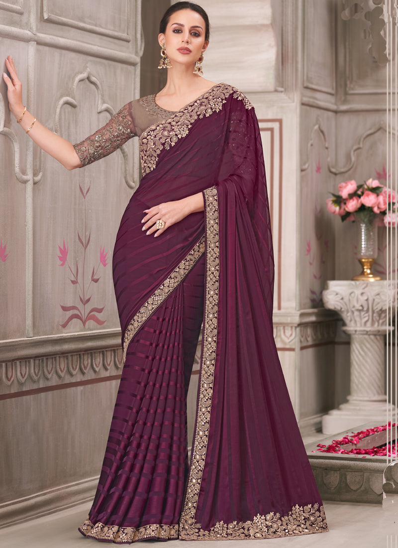 Vegaa Fashion Wine Embroidered Traditional Wedding Saree