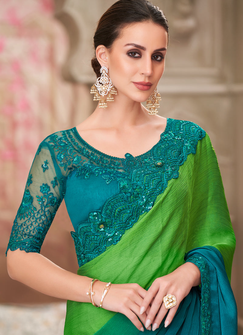 Vegaa Fashion Green And Blue Embroidered Traditional Wedding Saree