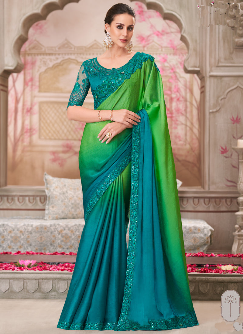 Vegaa Fashion Green And Blue Embroidered Traditional Wedding Saree