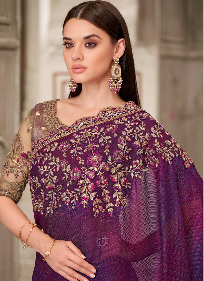 Vegaa Fashion Purple Sequin Embroidered Traditional Wedding Saree
