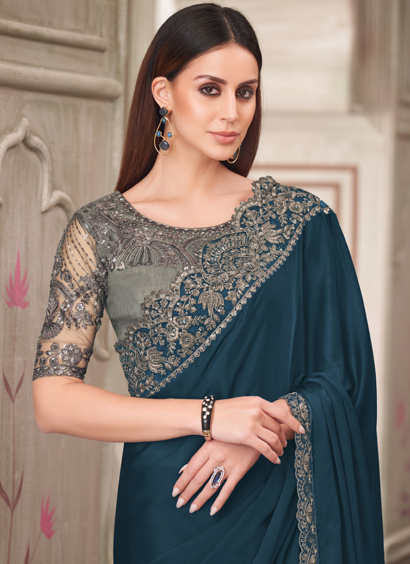 Vegaa Fashion Turquoise Embroidered Traditional Wedding Saree
