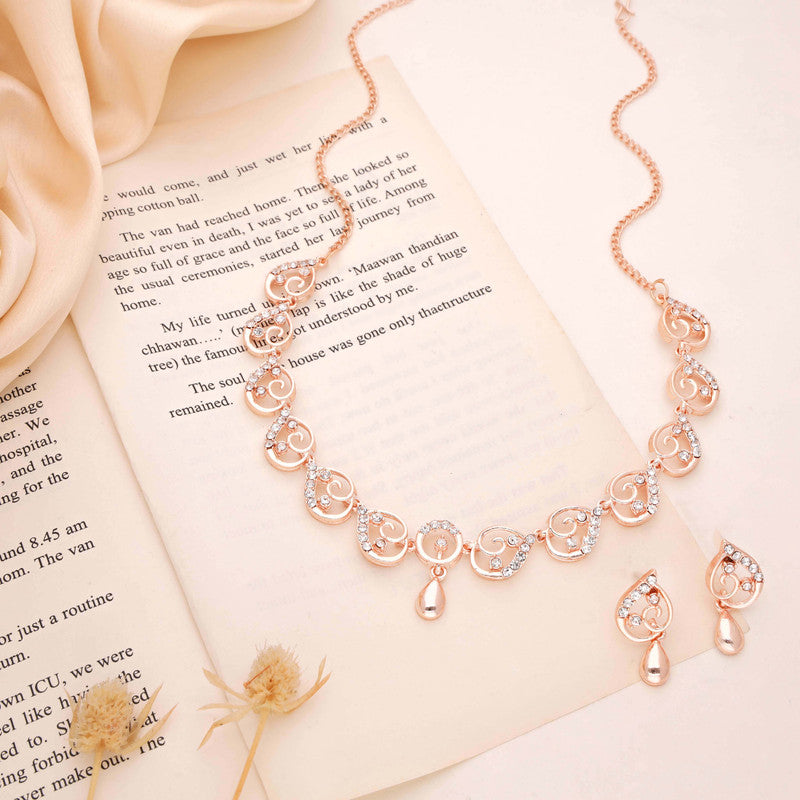 Tehzeeb Creations Brass Rose Gold-Polished White Colour Necklace With Earrings