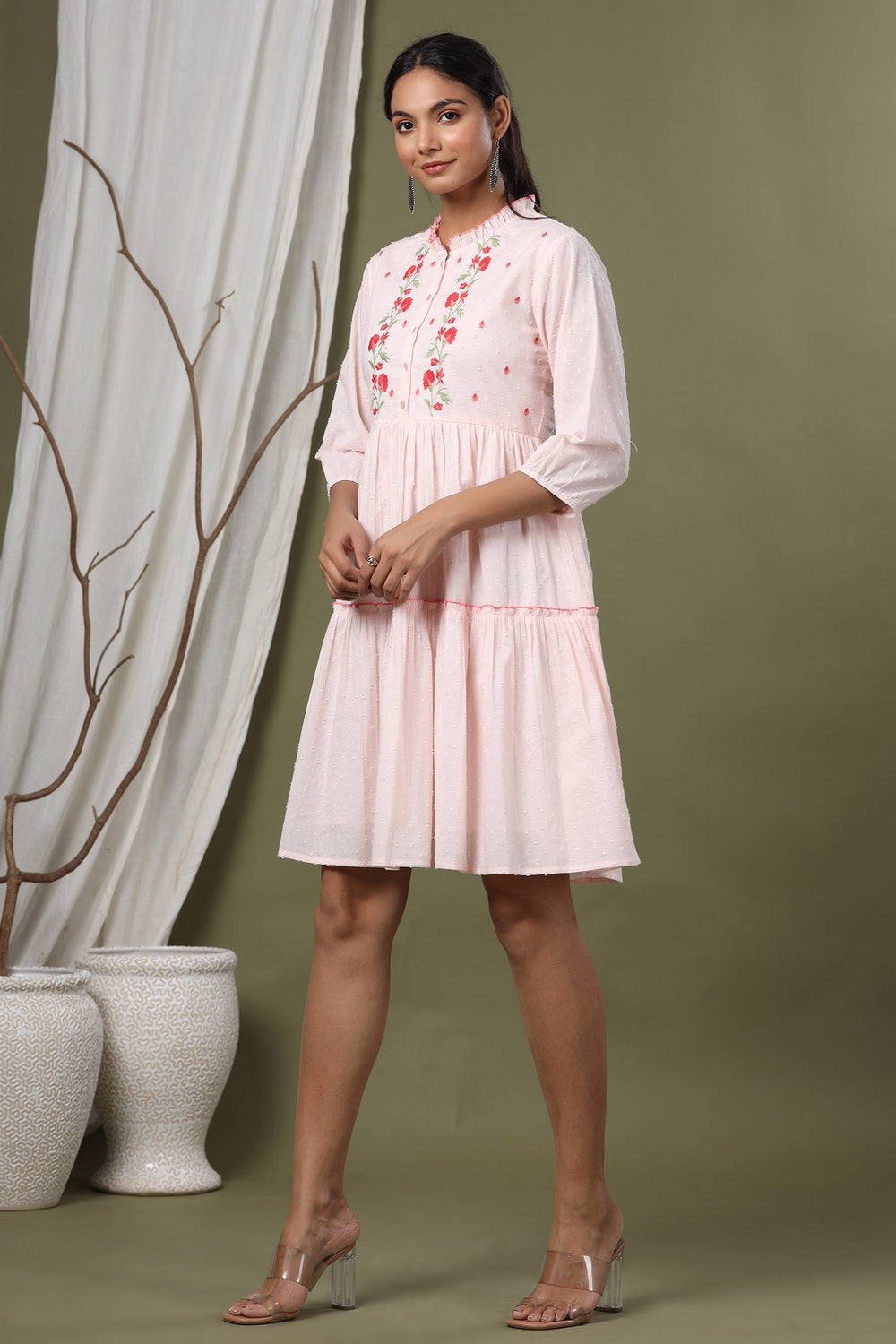 Juniper Peach Swiss Dot Festive Embroidered Tiered Dress For Women