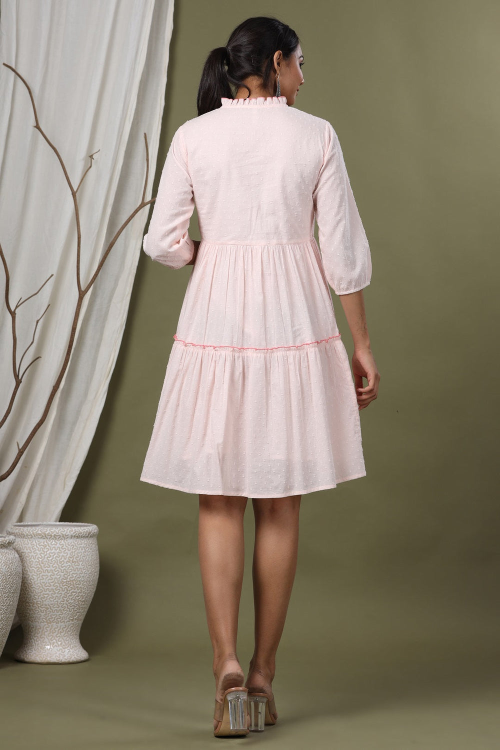 Juniper Peach Swiss Dot Festive Embroidered Tiered Dress For Women