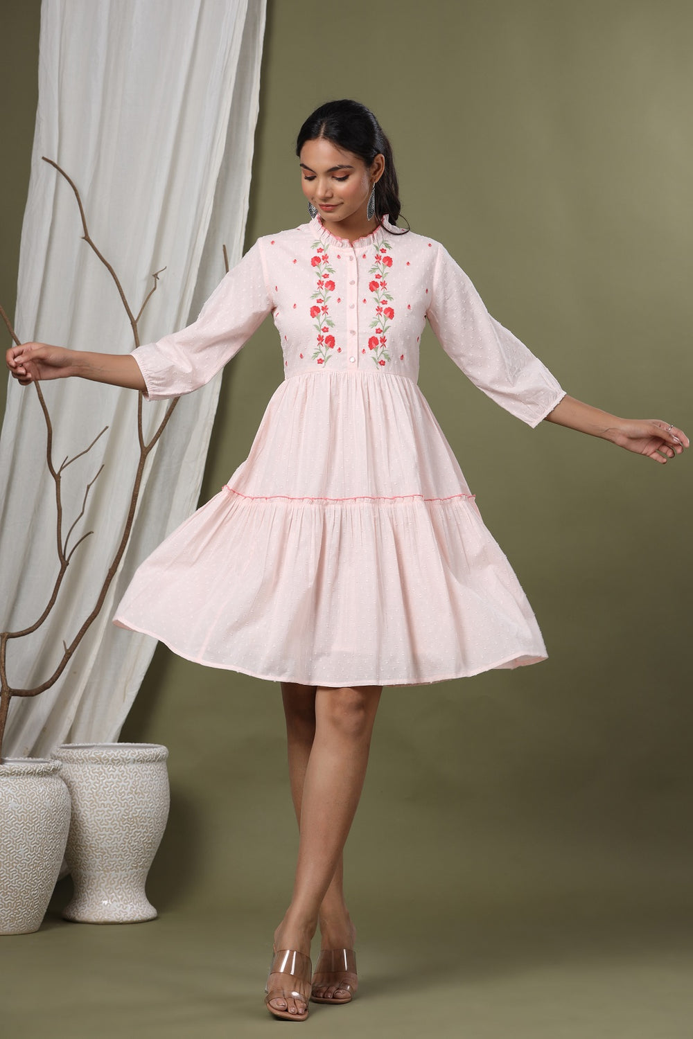 Juniper Peach Swiss Dot Festive Embroidered Tiered Dress For Women