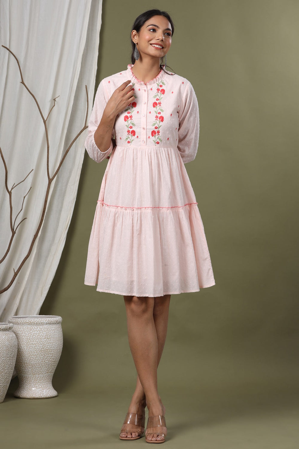 Juniper Peach Swiss Dot Festive Embroidered Tiered Dress For Women