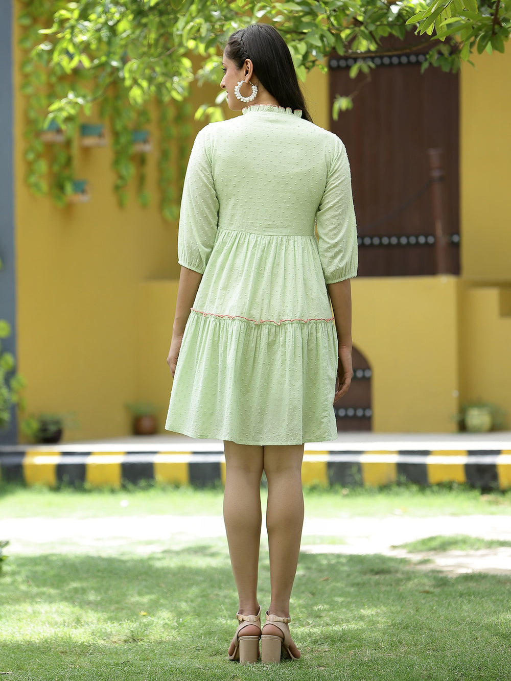 Juniper Pista Green Swiss Dot Festive Embroidered Tiered Dress For Women
