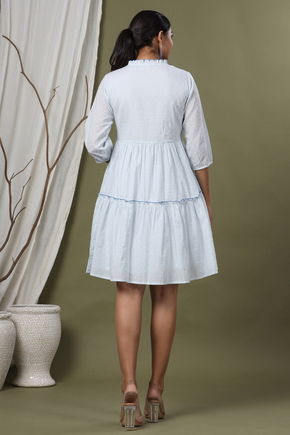 Juniper Sky Blue Swiss Dot Festive Embroidered Tiered Dress For Women