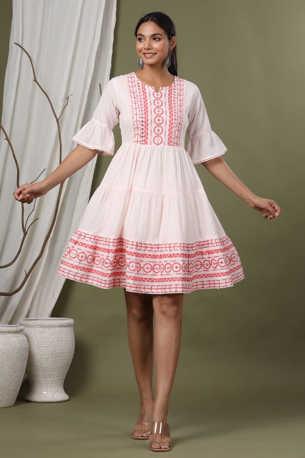 Juniper Peach Cotton Dobby Festive Embroidered Tiered Dress For Women