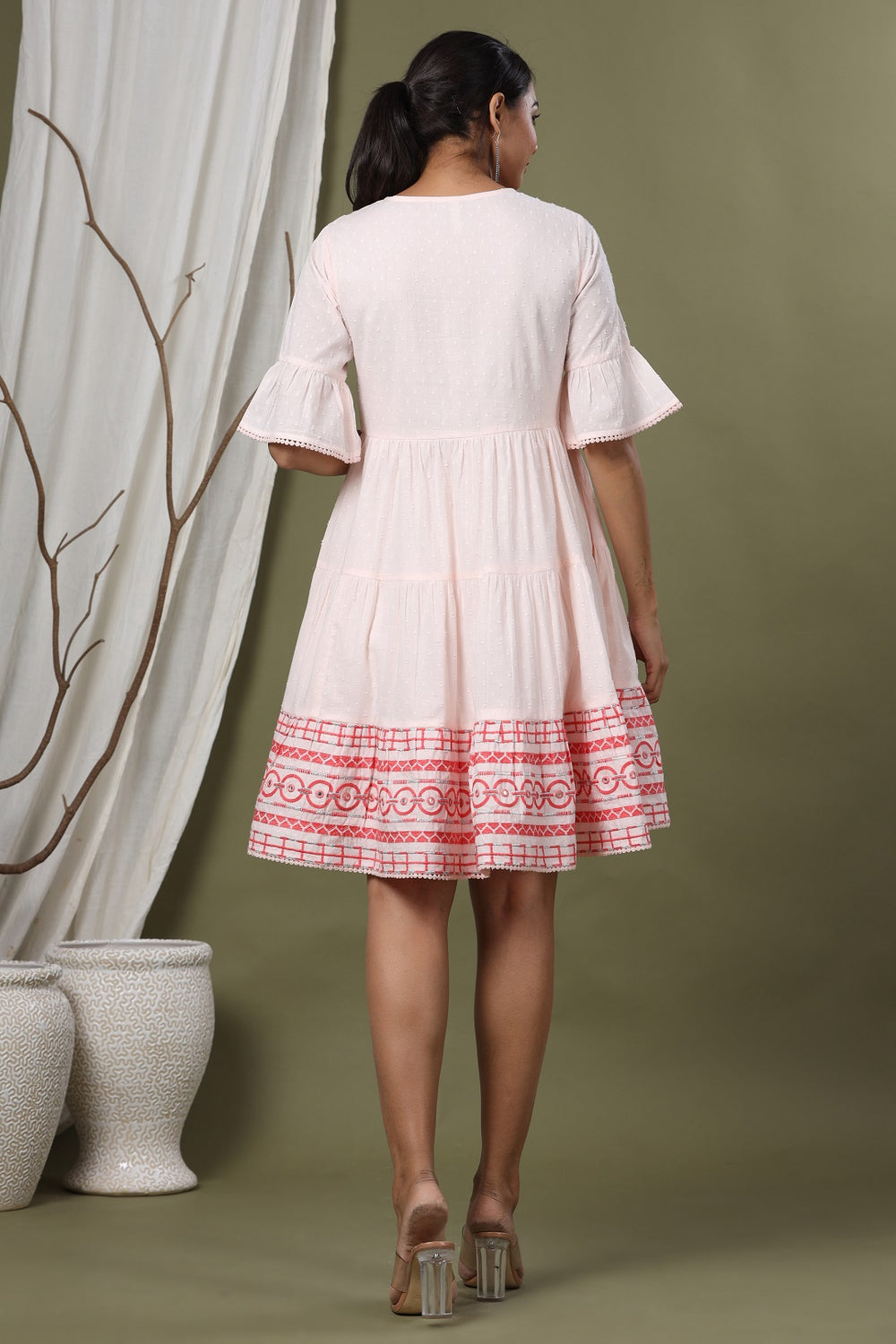 Juniper Peach Cotton Dobby Festive Embroidered Tiered Dress For Women