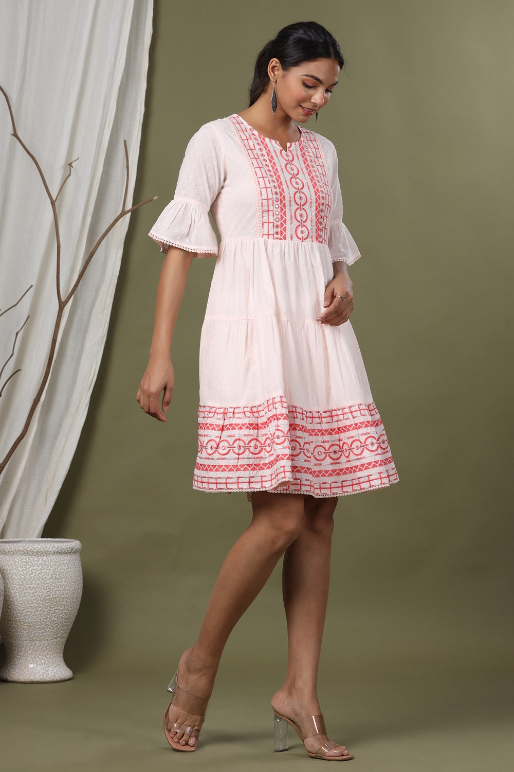 Juniper Peach Cotton Dobby Festive Embroidered Tiered Dress For Women