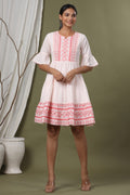 Juniper Peach Cotton Dobby Festive Embroidered Tiered Dress For Women
