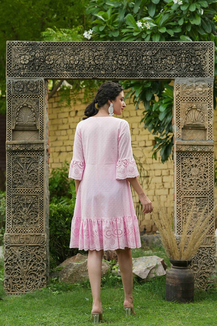 Juniper Pink Cotton Dobby Festive Embroidered Tiered Dress For Women
