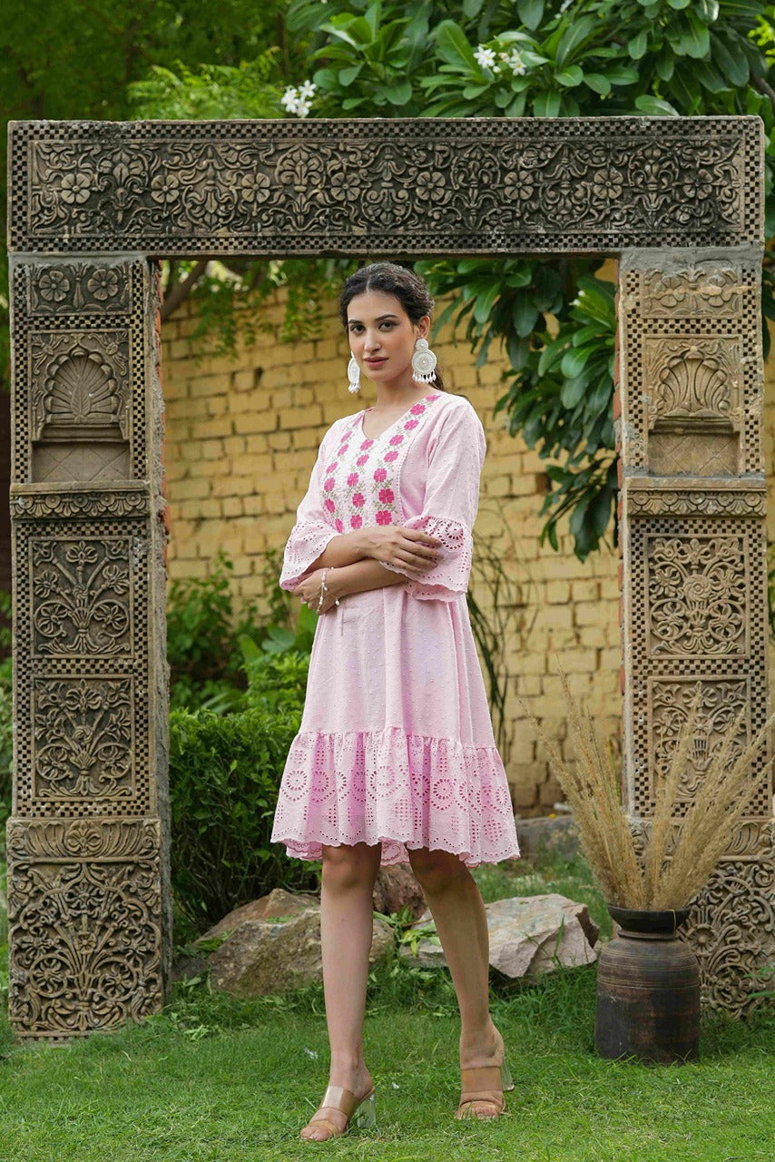 Juniper Pink Cotton Dobby Festive Embroidered Tiered Dress For Women