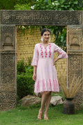 Juniper Pink Cotton Dobby Festive Embroidered Tiered Dress For Women