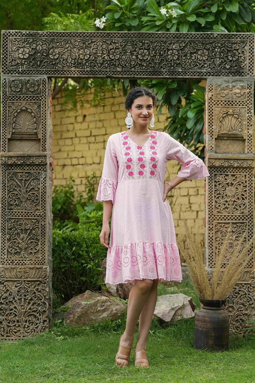 Juniper Pink Cotton Dobby Festive Embroidered Tiered Dress For Women