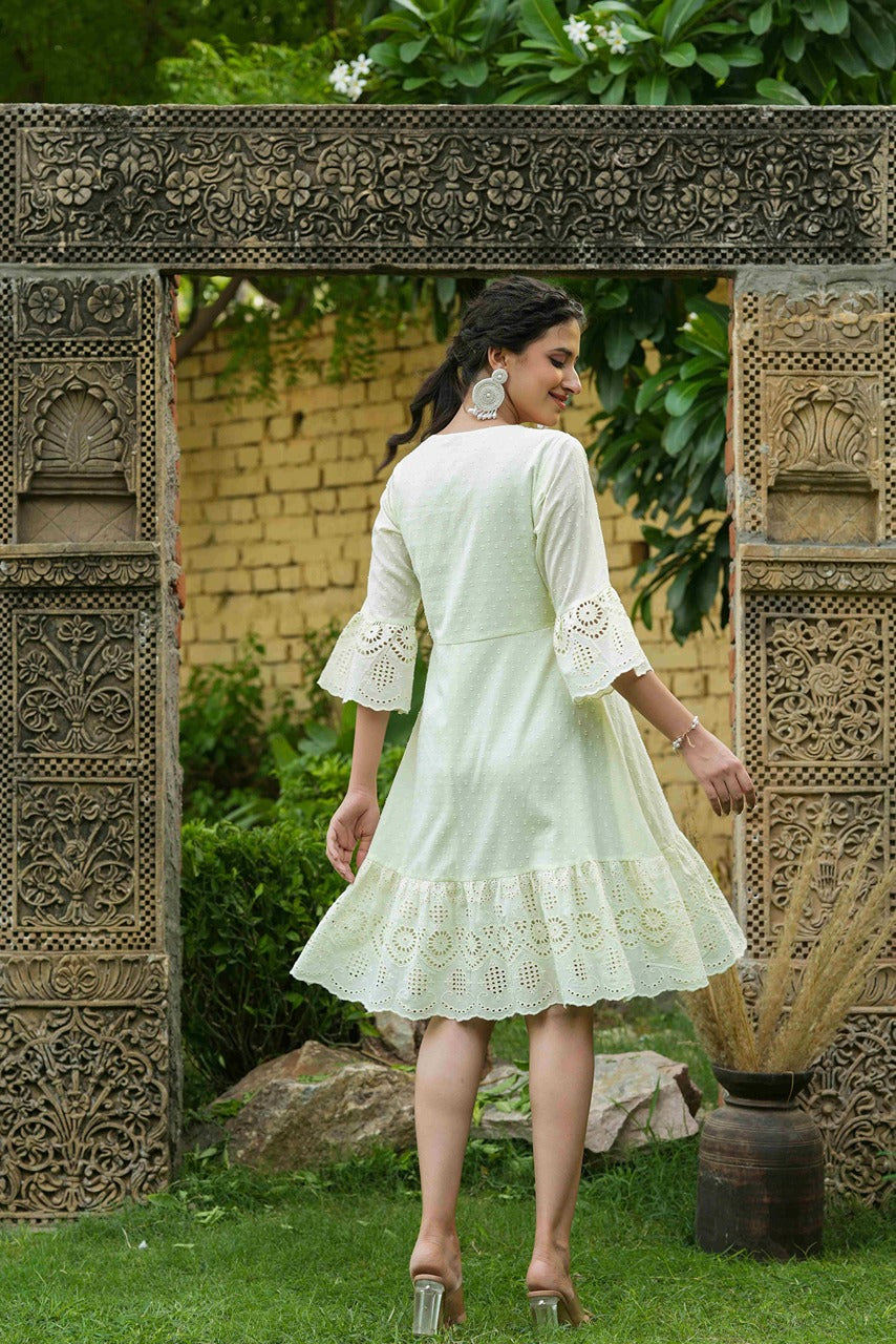 Juniper Pista Green Cotton Dobby Festive Embroidered Tiered Dress For Women
