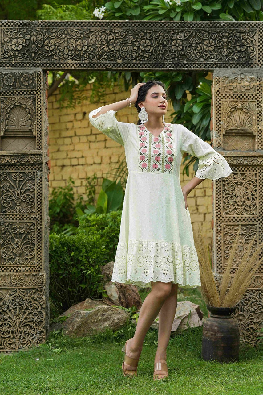 Juniper Pista Green Cotton Dobby Festive Embroidered Tiered Dress For Women