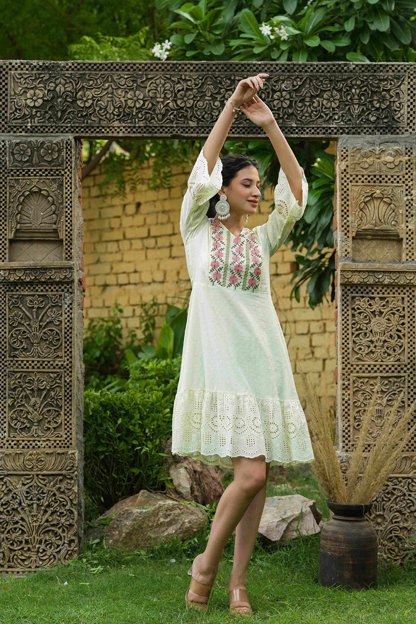 Juniper Pista Green Cotton Dobby Festive Embroidered Tiered Dress For Women