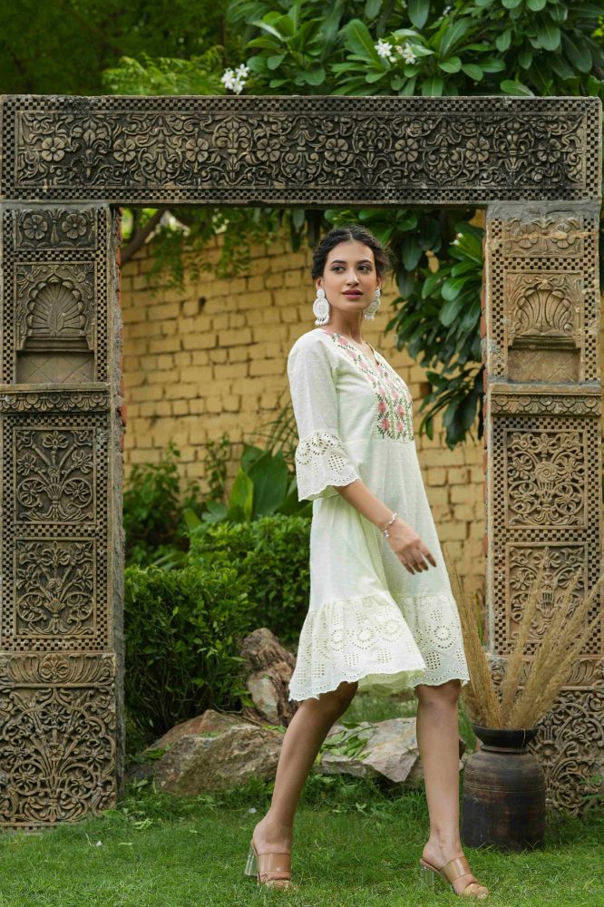Juniper Pista Green Cotton Dobby Festive Embroidered Tiered Dress For Women