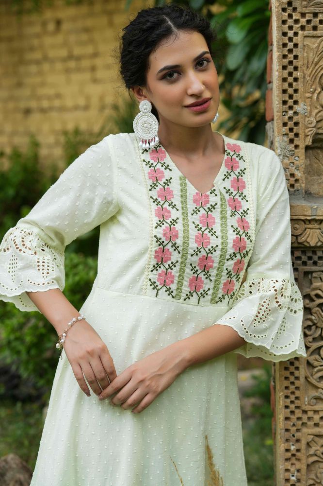 Juniper Pista Green Cotton Dobby Festive Embroidered Tiered Dress For Women