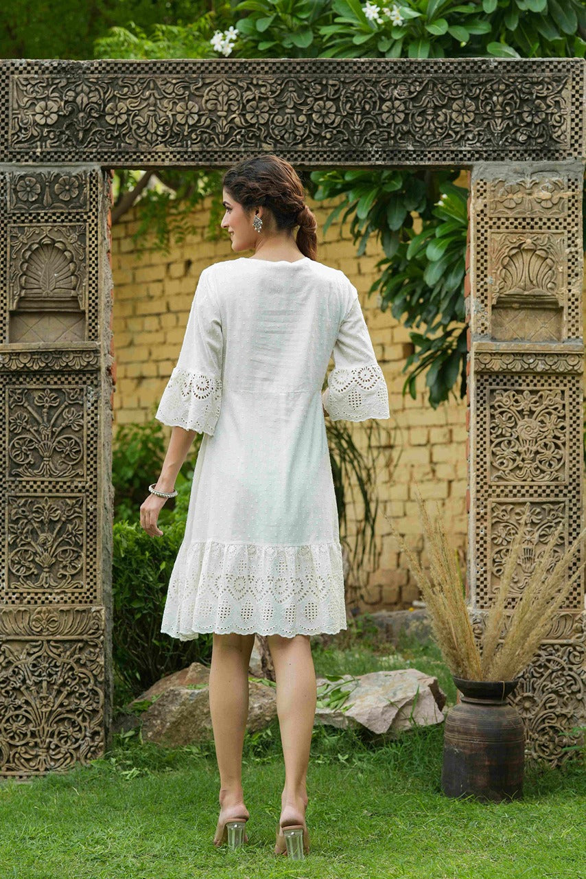 Juniper White Cotton Dobby Festive Embroidered Tiered Dress For Women