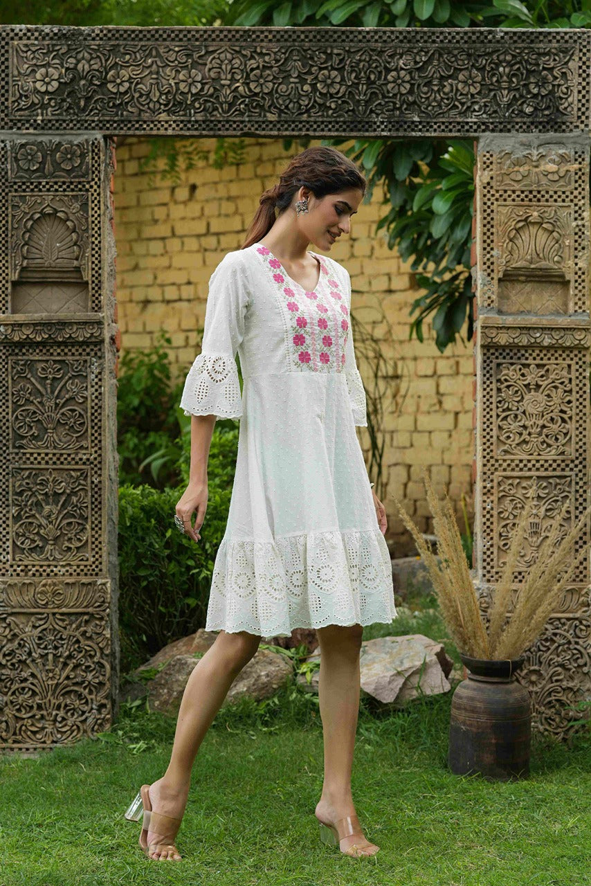 Juniper White Cotton Dobby Festive Embroidered Tiered Dress For Women