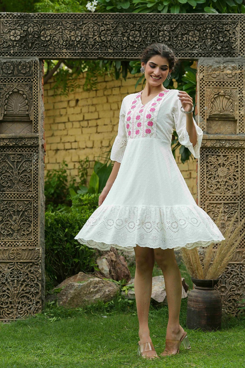 Juniper White Cotton Dobby Festive Embroidered Tiered Dress For Women