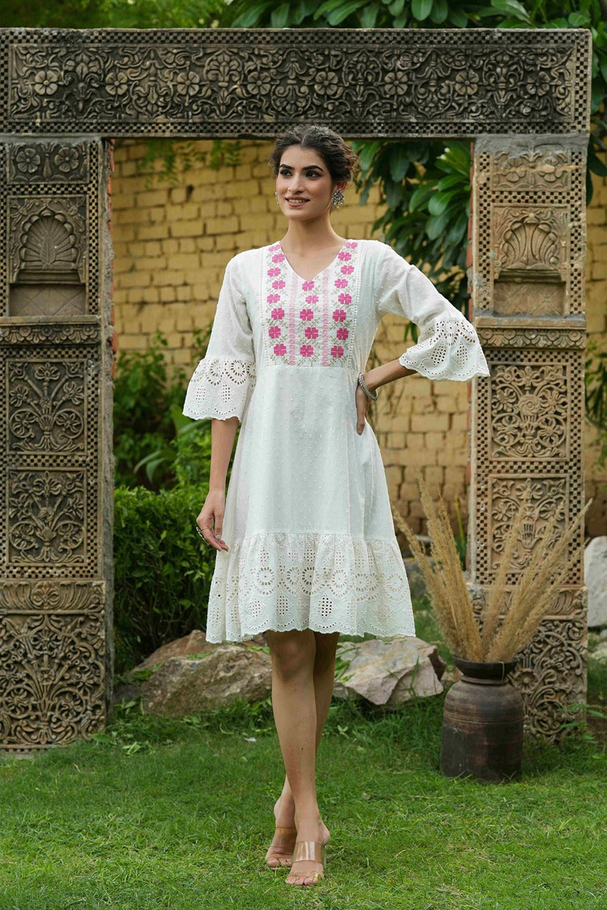 Juniper White Cotton Dobby Festive Embroidered Tiered Dress For Women