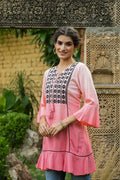 Juniper Peach Rayon Festive Embroidered Tiered Tunic For Women
