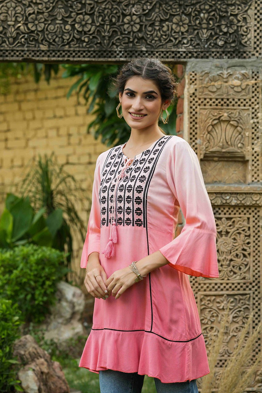 Juniper Peach Rayon Festive Embroidered Tiered Tunic For Women