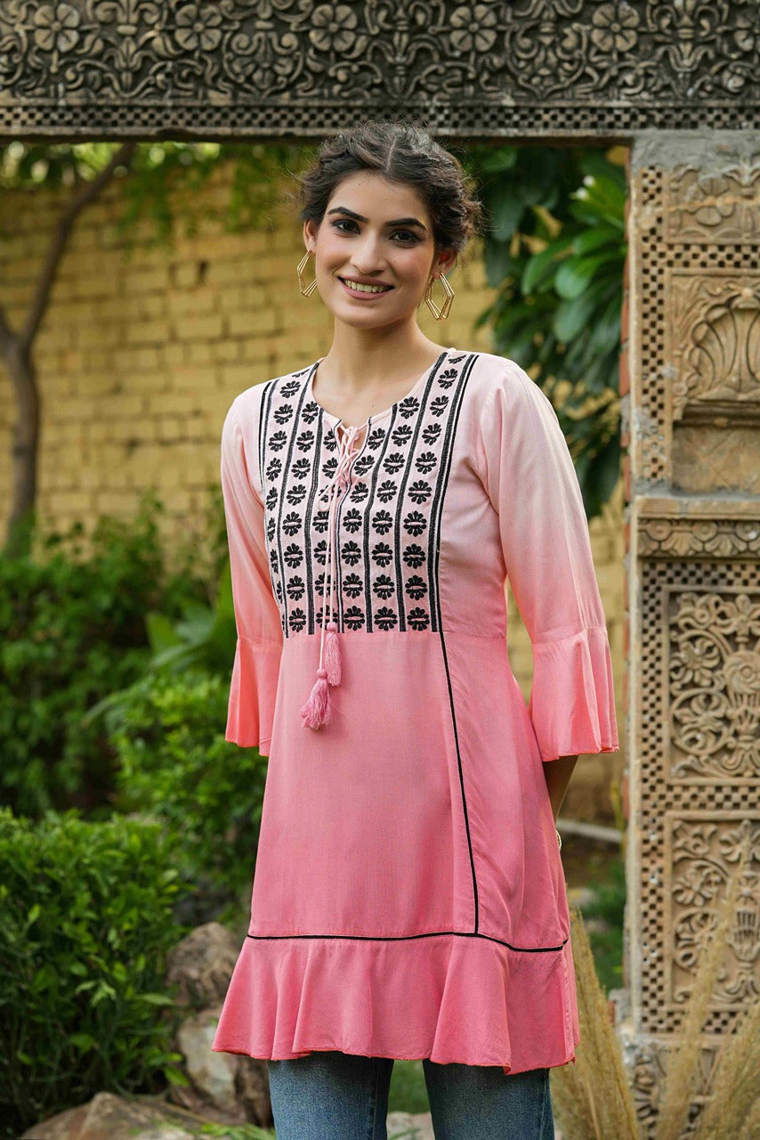 Juniper Peach Rayon Festive Embroidered Tiered Tunic For Women