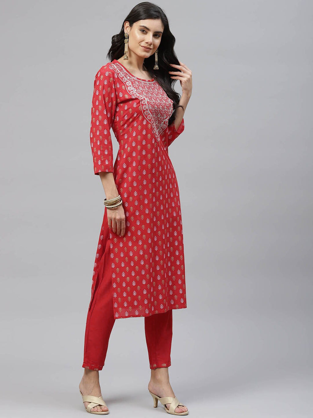HERE&NOW Women Red Embroidered Straight Kurta with Trousers & With Dupatta