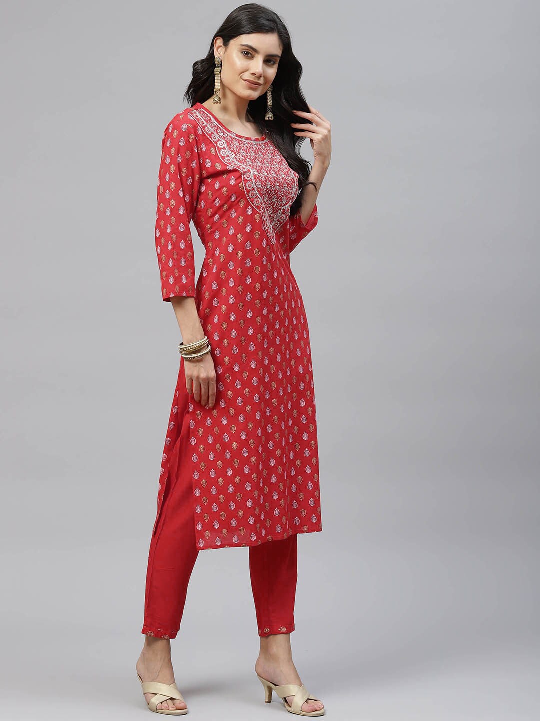 HERE&NOW Women Red Embroidered Straight Kurta with Trousers & With Dupatta