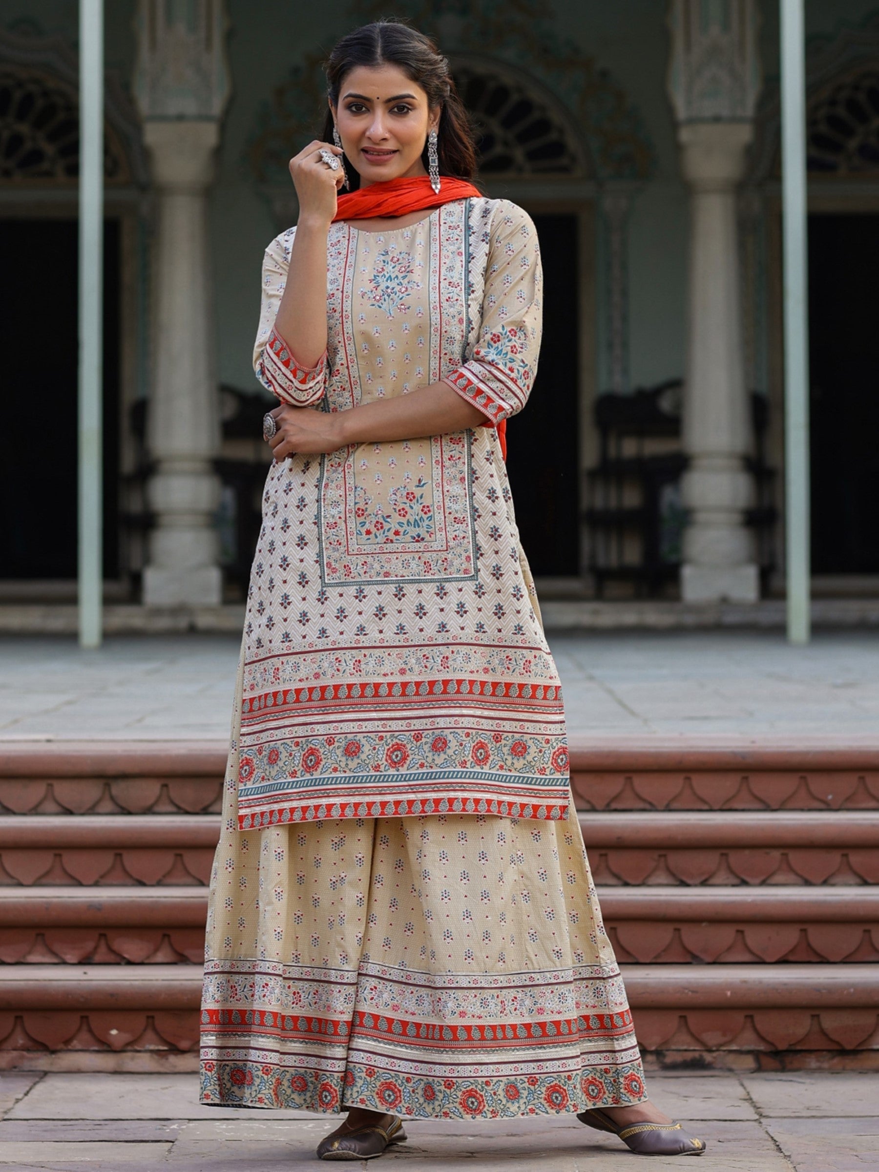 Juniper Women Beige Cotton Cambric Printed Kurta, Sharara & Dupatta Set