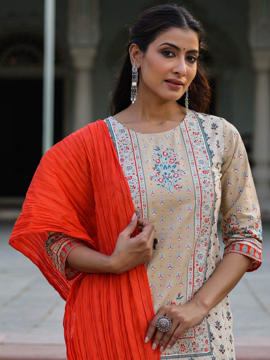 Juniper Women Beige Cotton Cambric Printed Kurta, Sharara & Dupatta Set