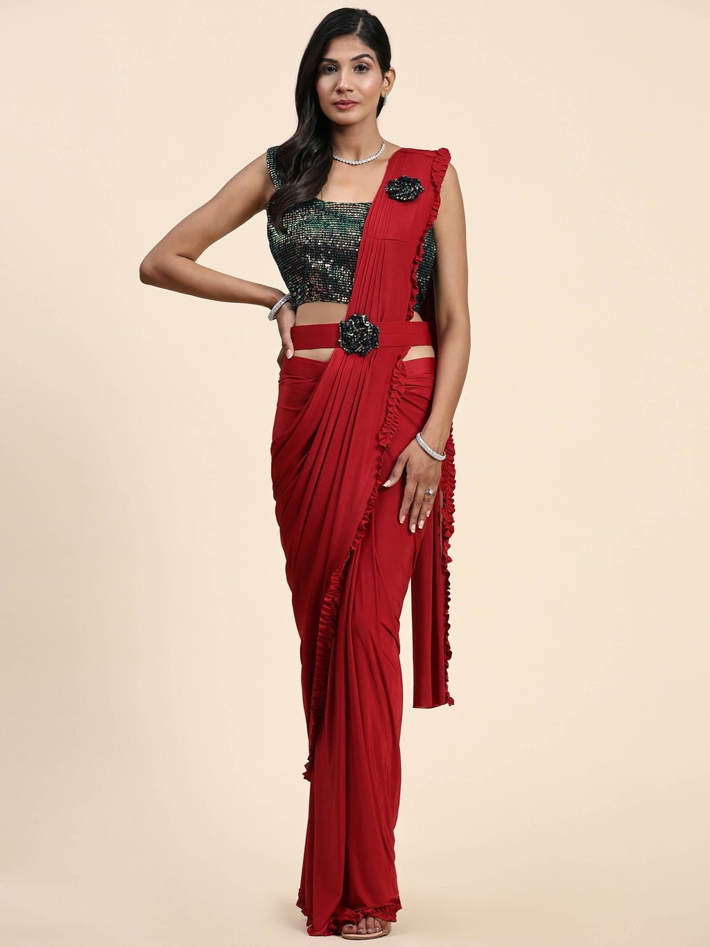Red Imported Fabric Plain Ready to wear Saree with stitched Blouse - Vrinda