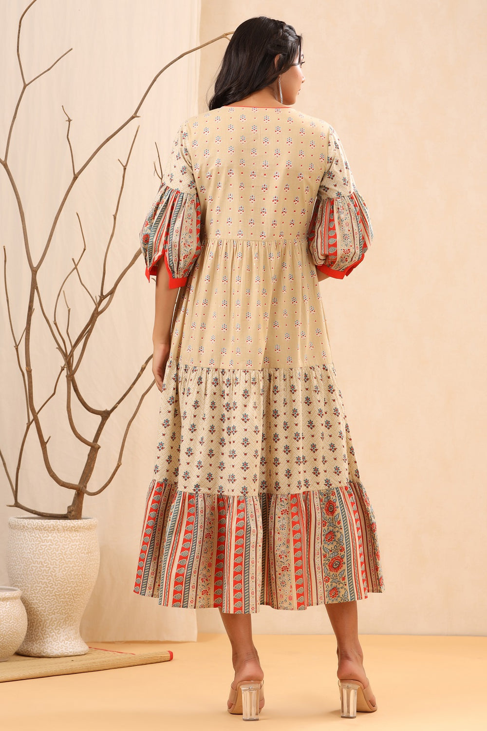 Juniper Beige Cambric Festive Printed Tiered Long Dress For Women
