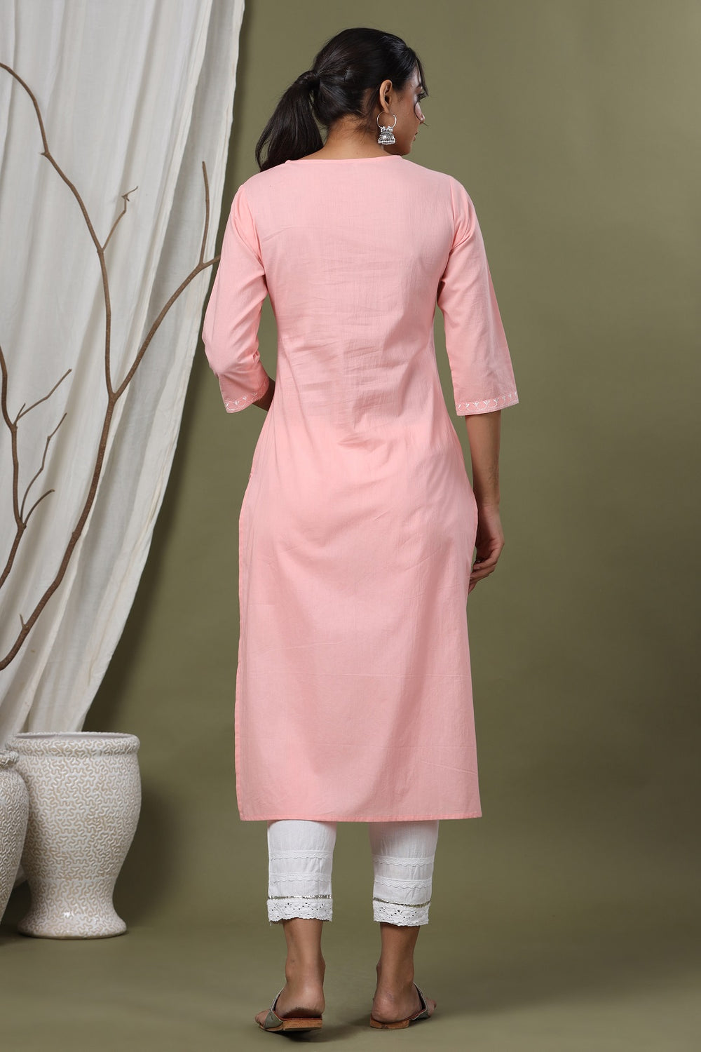 Juniper Pink Cambric Festive Embroidered Straight Kurta For Women