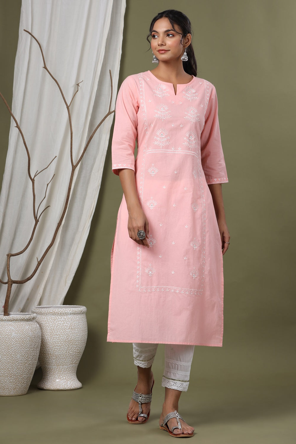 Juniper Pink Cambric Festive Embroidered Straight Kurta For Women