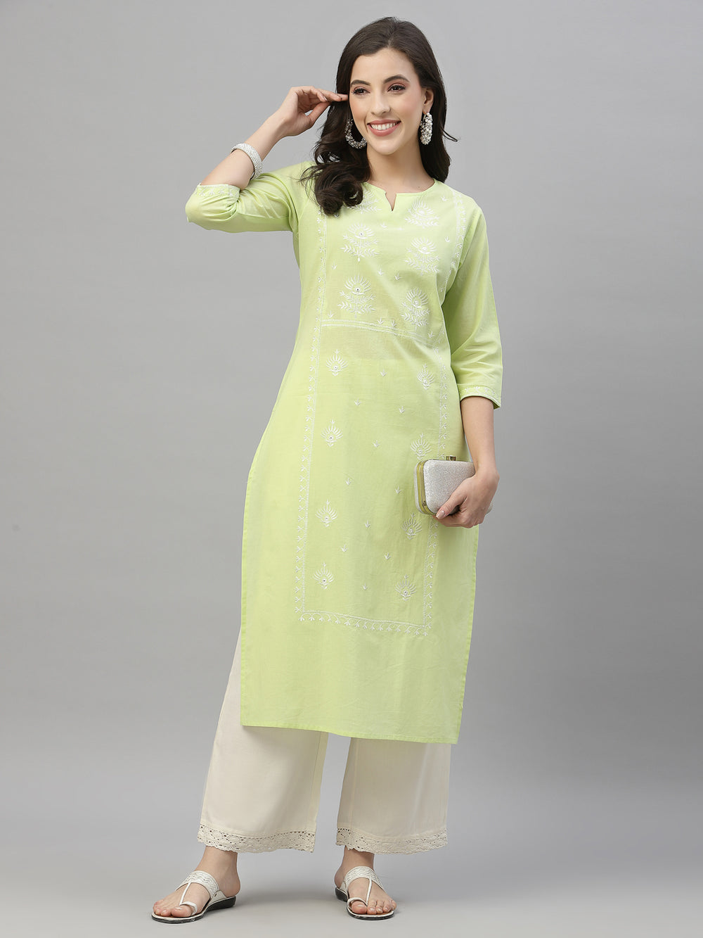 Juniper Pista Green Cambric Festive Embroidered Straight Kurta For Women