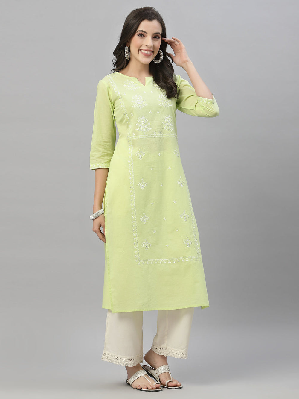 Juniper Pista Green Cambric Festive Embroidered Straight Kurta For Women
