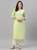 Juniper Pista Green Cambric Festive Embroidered Straight Kurta For Women