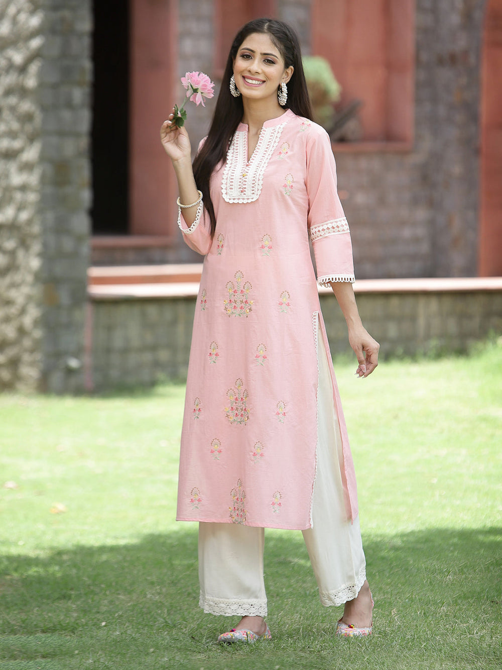 Juniper Peach Cambric Festive Embroidered Straight Kurta For Women