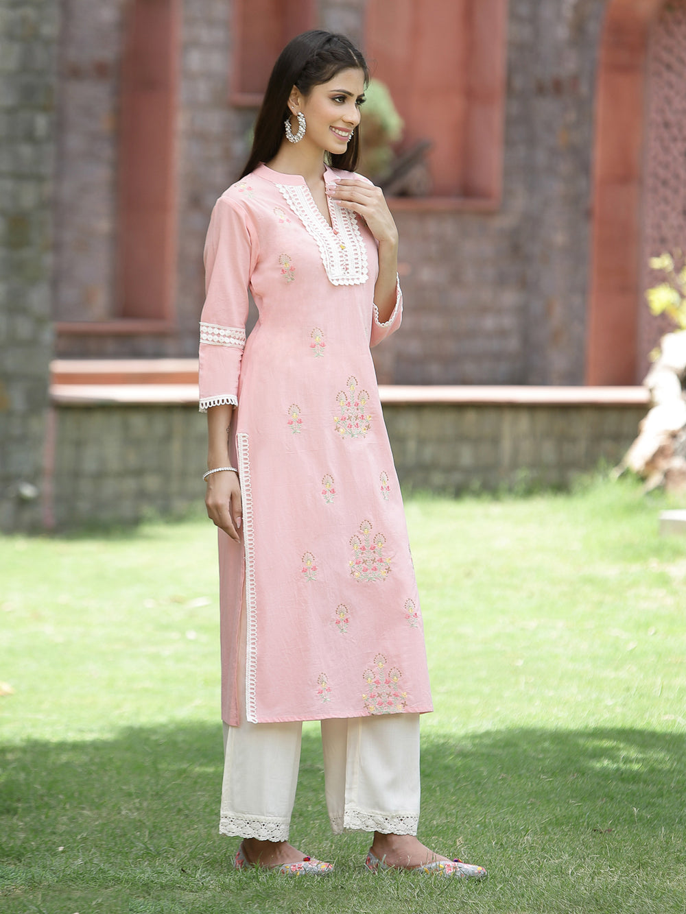 Juniper Peach Cambric Festive Embroidered Straight Kurta For Women